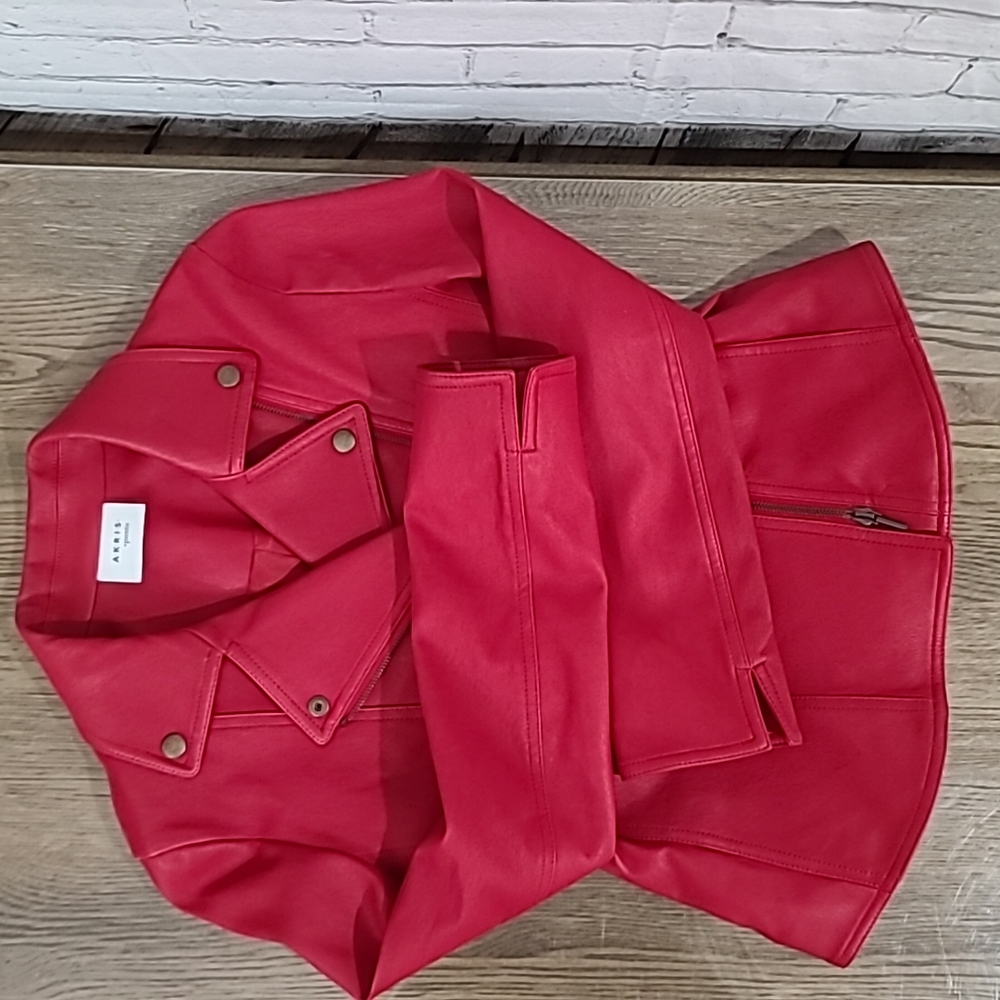 Akris Punto Asymmetric Zip Fitted Lux Nappa Leather Biker Jacket in Red - NWOT - Picture 9 of 17